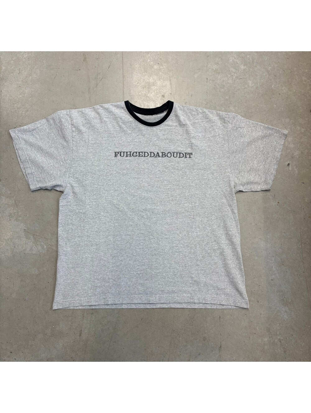 Vintage 2000s Fufgeddaboudit Spellout Ringer T-Shirt Extra Large Gray